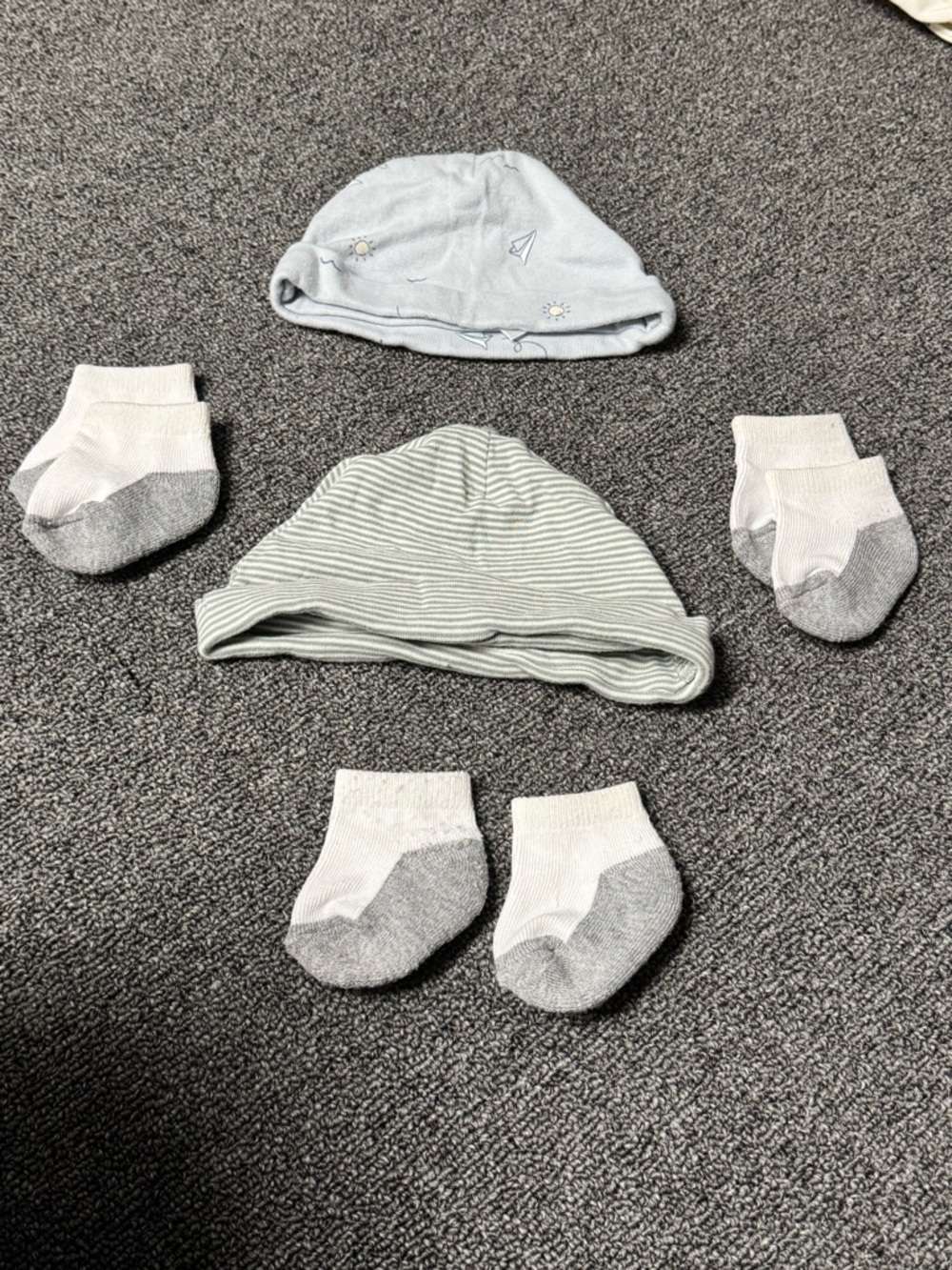 Carter's Baby Hats and Socks Set in Light Blue, White, Gray